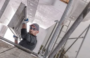Worker installing scaffold plank system with Glendale Scaffolding Rental equipment